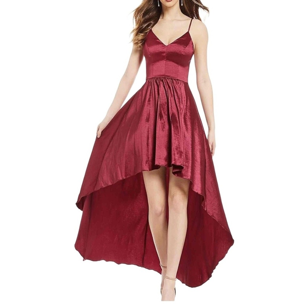B Smart Gown Womens 15 Burgundy Satin High-Lo Formal Prom Cocktail Evening VNeck